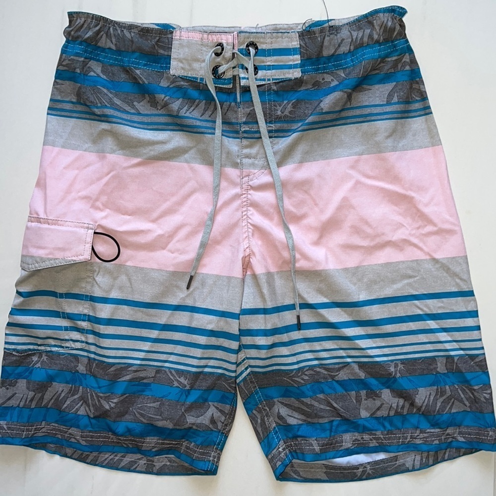 Just Bones Boardwear Blue, Pink & Gray Boardshorts Side Velcro Pocket Size 32